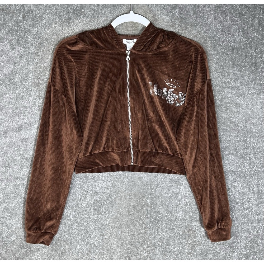 Rue 21 Y2K Cropped Front Zip Jacket Womens Sz M Brown HONEY Rhinestones Stretch